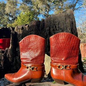 Croc-Embossed Heeled Boots - Brown